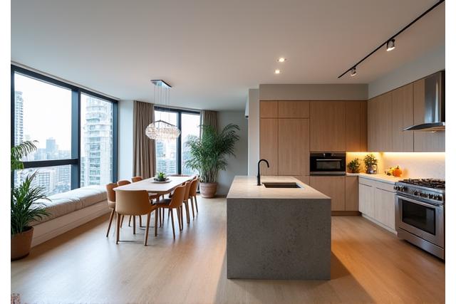 Gerenoveerd interieur van een stadswoning met een open keuken en eethoek.