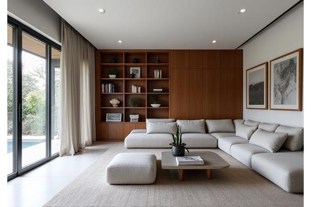 Interieur van een moderne villa met strakke maatwerkmeubels.