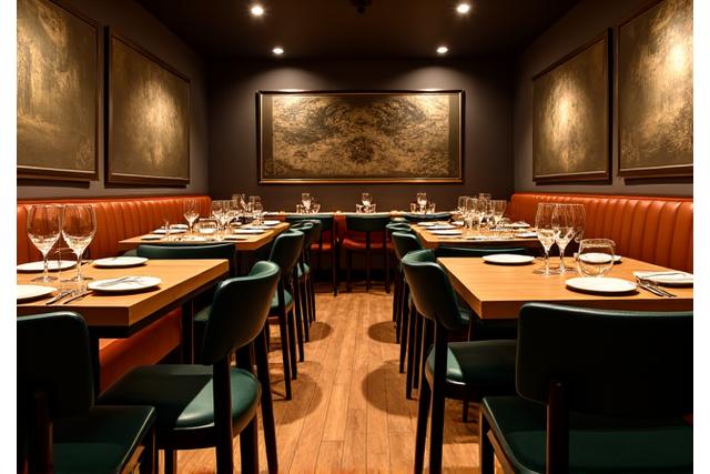 Sfeervol restaurantinterieur met custom-made houten tafels en banken.