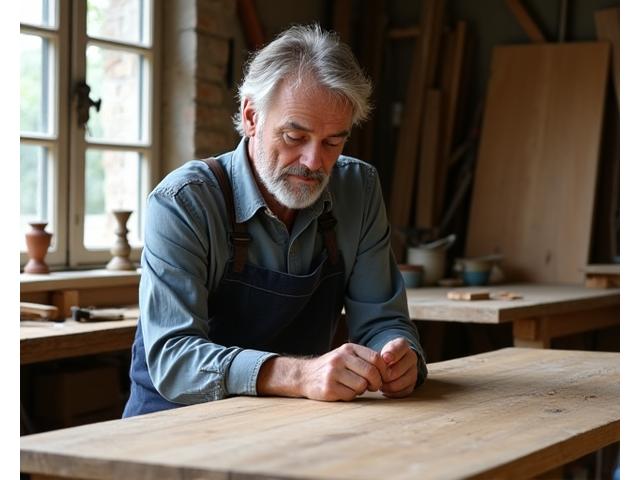 Oprichter van Horizon Interieur in de originele werkplaats, omringd door hout en gereedschap.