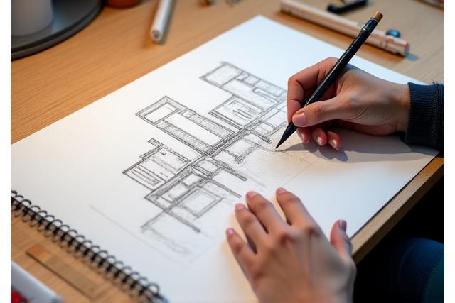 Designer schetst ontwerpen voor een nieuw meubelstuk op een bureau in de werkplaats.