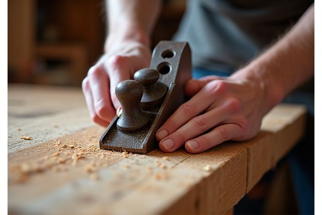 Houtbewerker schaaft een houten plank met traditioneel gereedschap in de werkplaats.