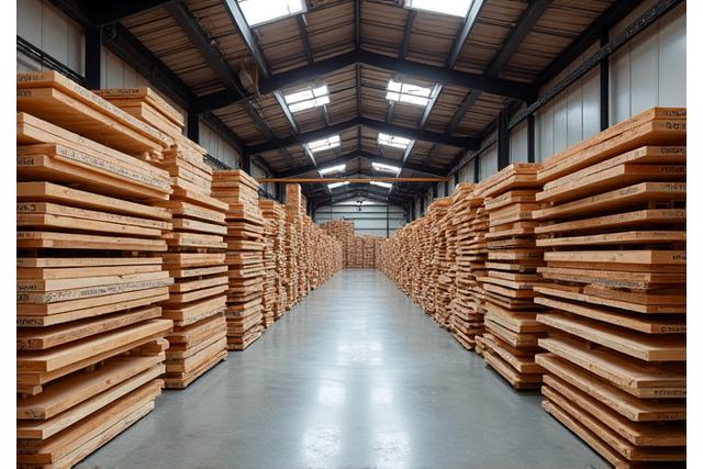 Gestaakte stapels verschillende houtsoorten, klaar voor gebruik in de meubelproductie.