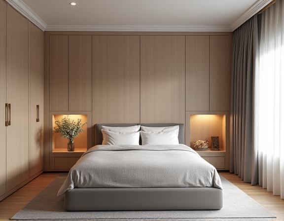 Rustgevende slaapkamer met op maat gemaakte bedombouw en kasten